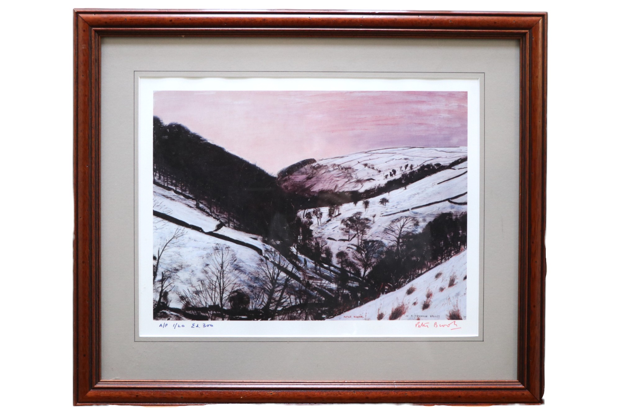 After Peter Brook (1927-2009) "In a Pennine Valley", a chiaroscuro wintry study of rolling hills
