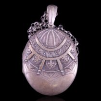A Victorian large silver oval pendant double locket and belcher-link neck chain, locket 46 mm