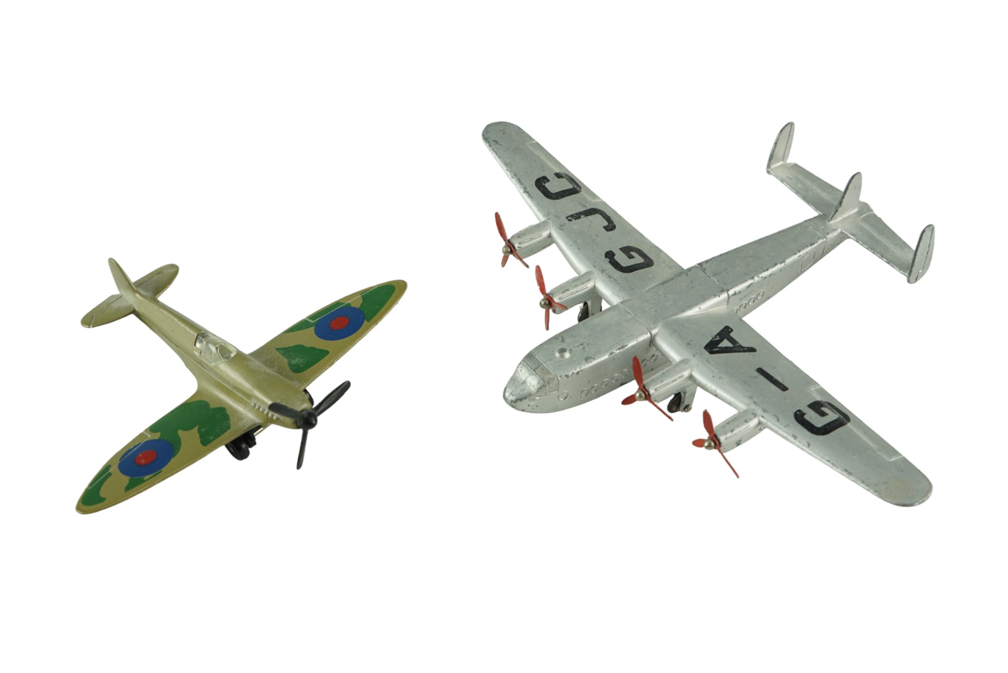 A 1973 Matchbox diecast Spitfire aircraft together with a similar Dinky Toys G-A GJC passenger