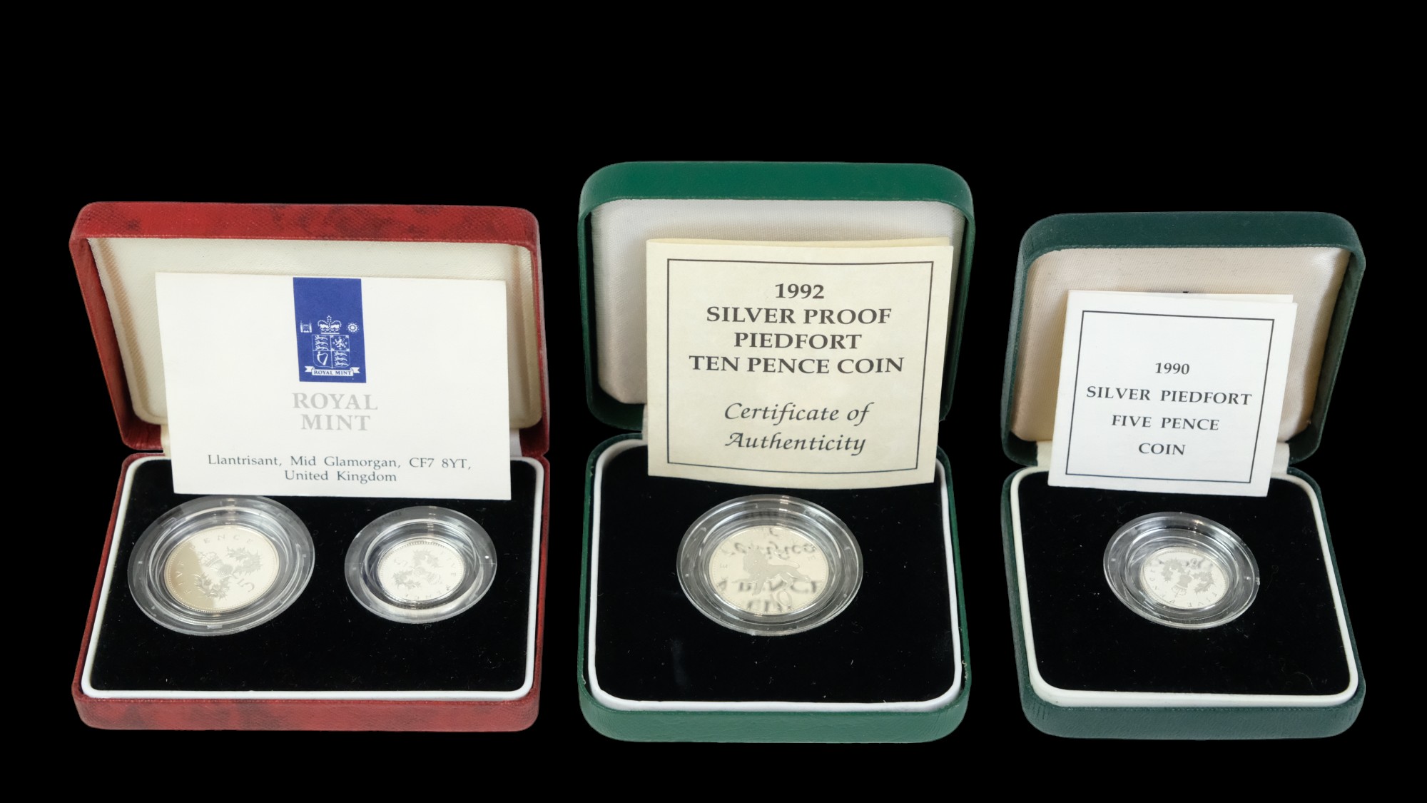 A cased Royal Mint 1990 Silver Proof Five Pence Two-Coin Set, together with 1990 five pence and a