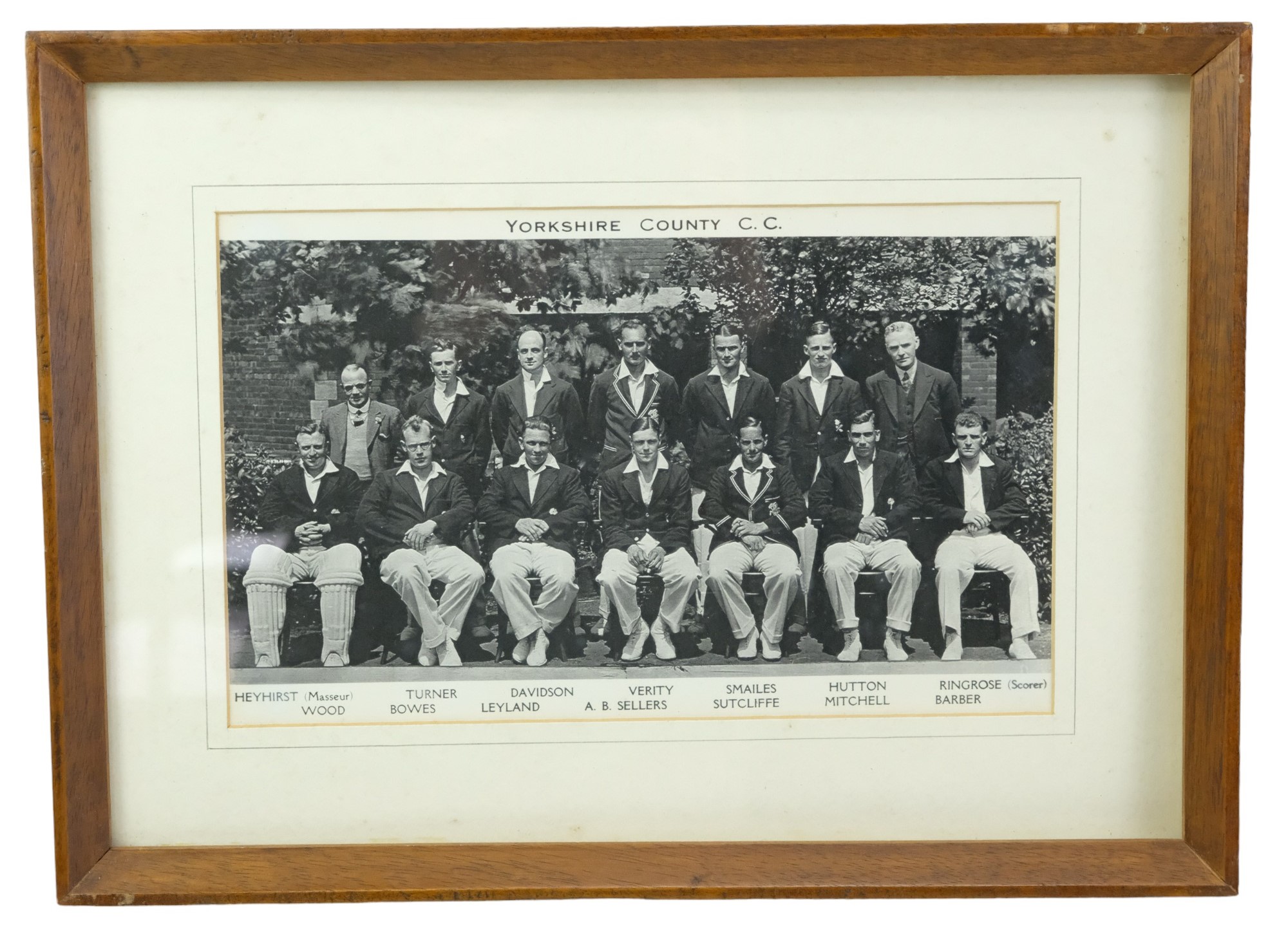 A pair of group portraits of the 1960s and 30s Yorkshire County Cricket Club teams, prints, in pen-