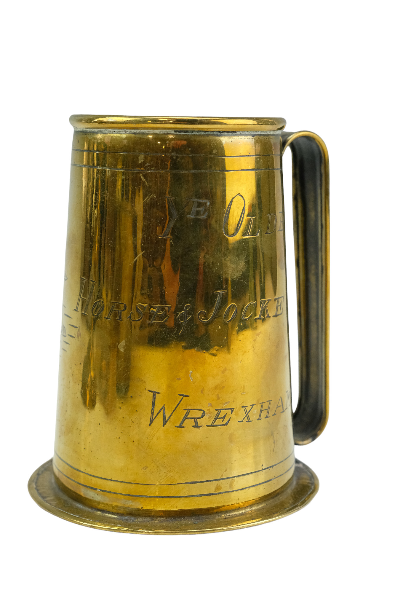 A vintage "Ye Olde Horse and Jockey - Wrexham" brass tankard together with a kettle, candlestick, - Image 2 of 2