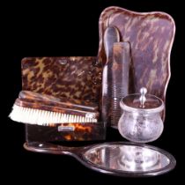 A George V silver-hinged tortoiseshell dressing table box together with a similar lidded cut-glass
