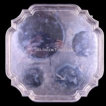 A 1952 silver square Chippendale style salver, engraved "Selangor Turf Club", Barker Brothers Silver