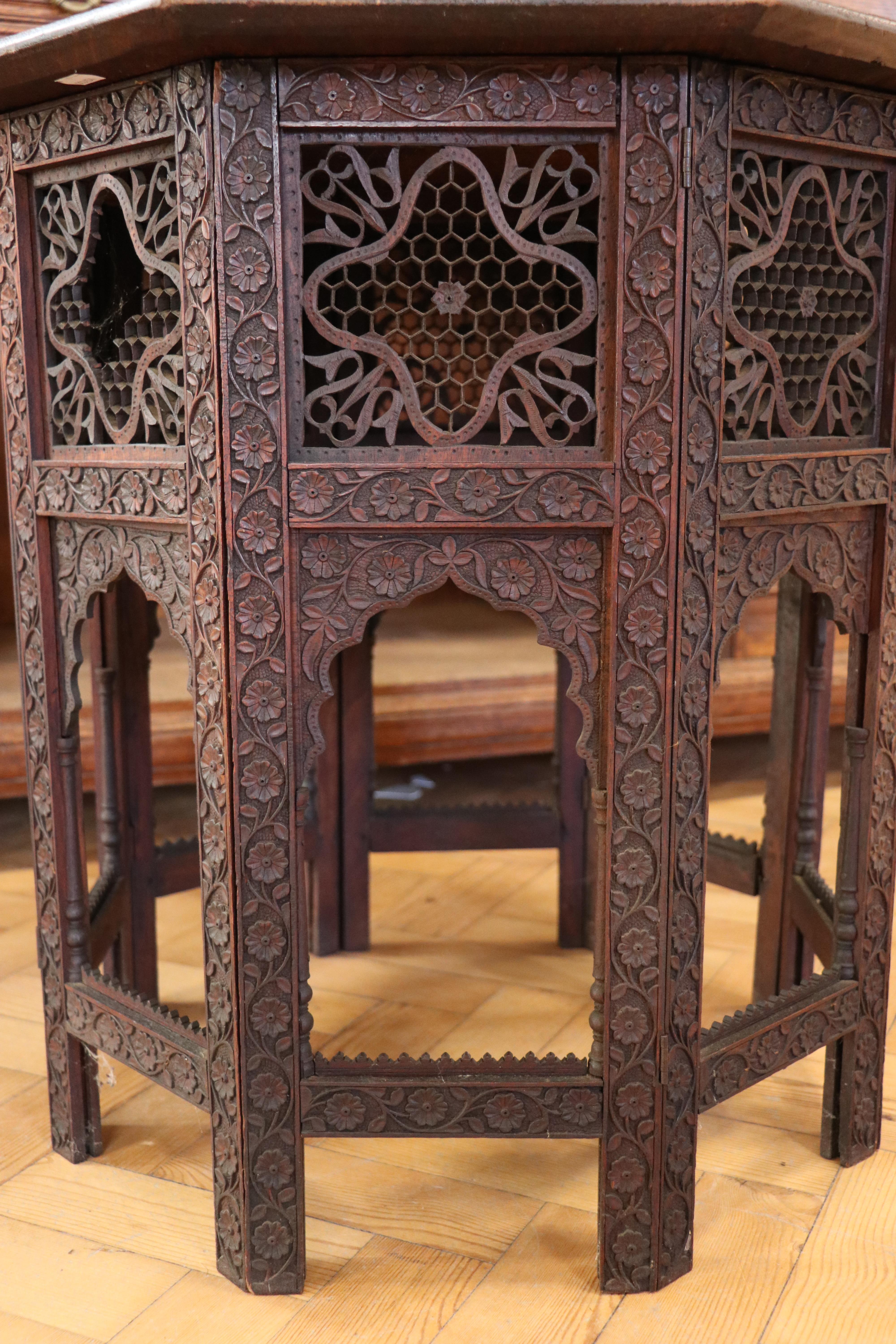 An early 20th Century Indian Hoshiarpur carved wooden folding table, 61 cm x 63 cm high - Image 4 of 7