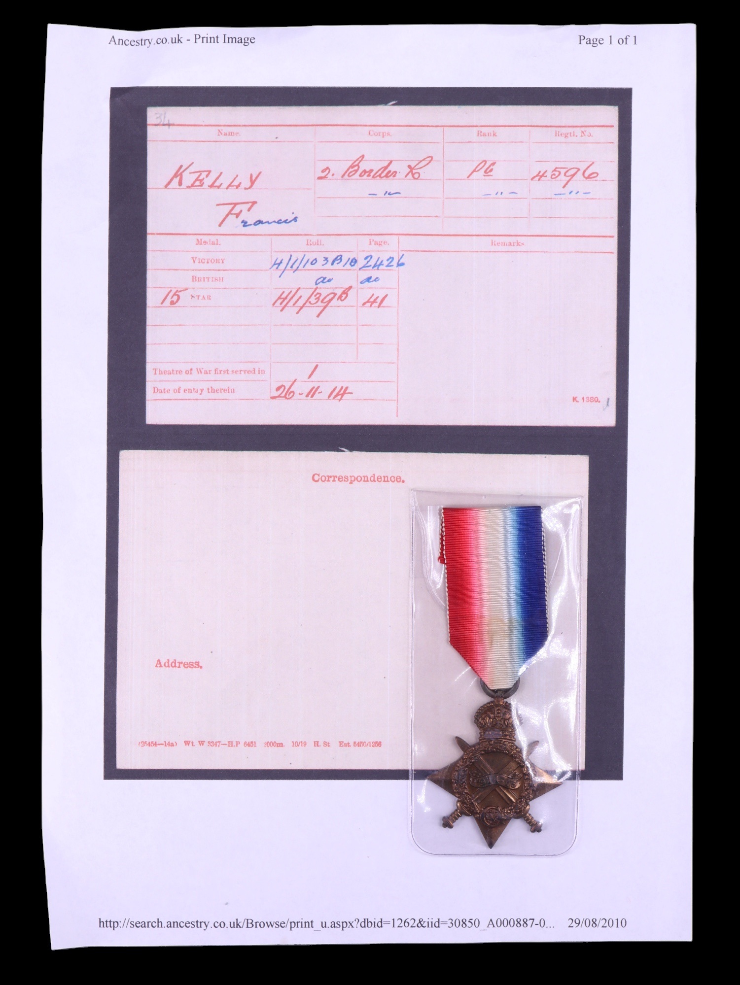 A 1914-15 Star medal to 4596 Pte Francis Kelly, Border Regiment