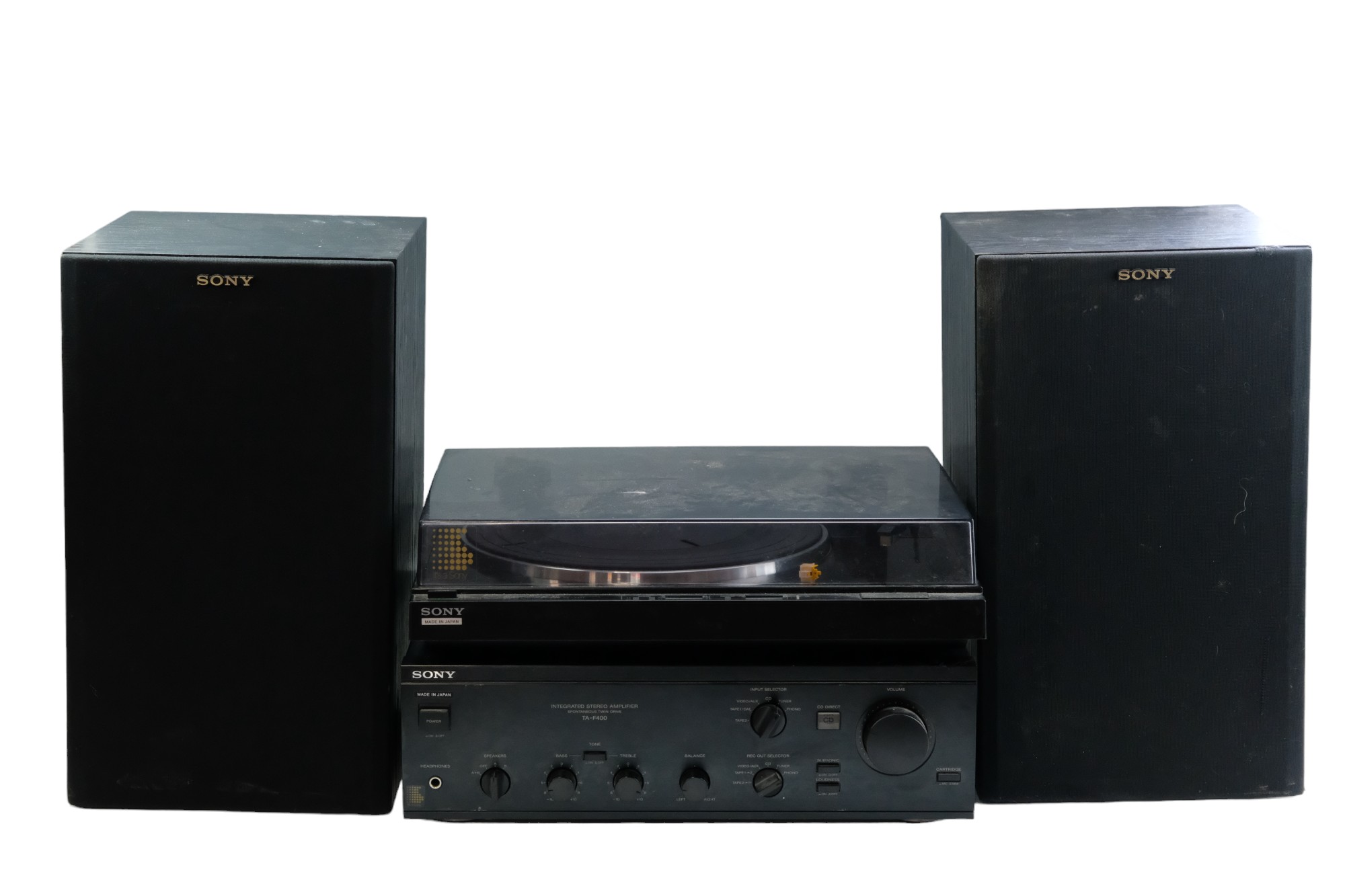 A 1980s Sony stereo turntable, amplifier and speaker system comprising a TA-F400 amplifier, PS-LX431