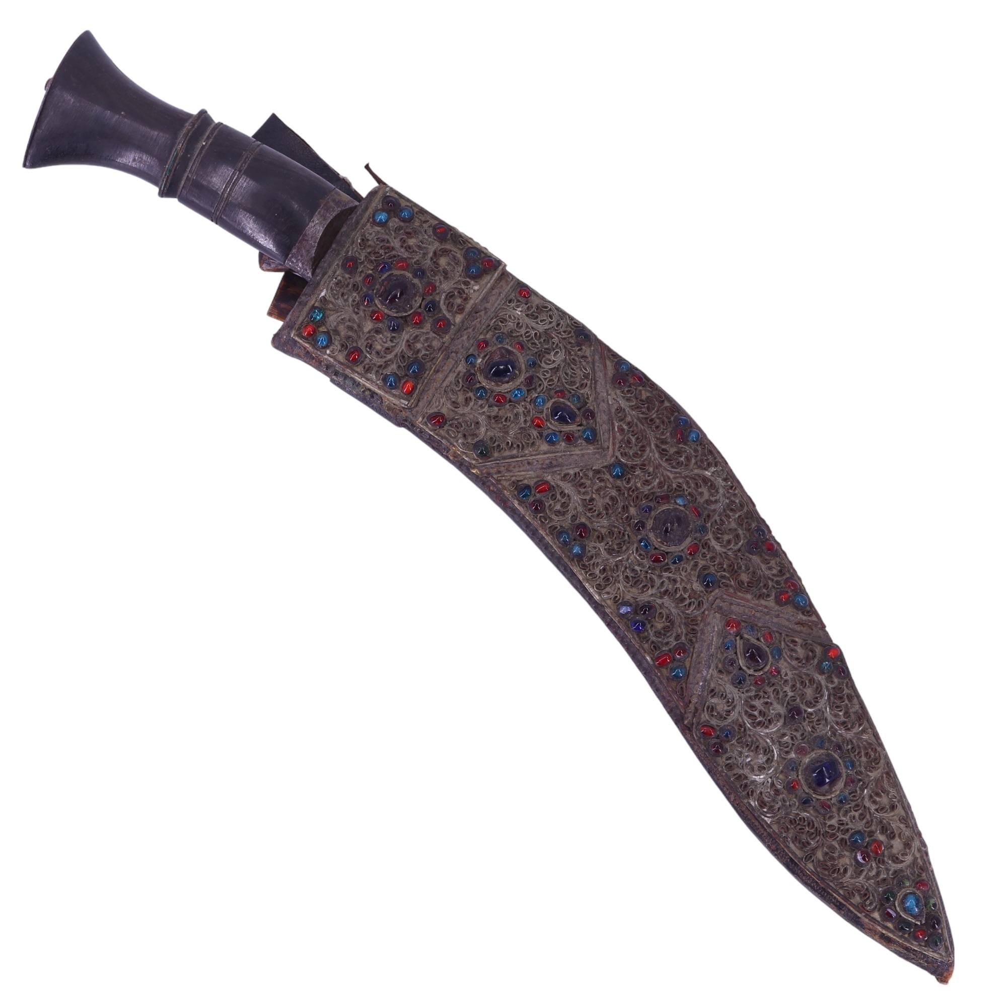 A Nepalese kukri in filigree-decorated and cabochon-set scabbard, early-to-mid 20th Century, 43 cm - Image 3 of 3