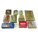 A collection of vintage printed tinplate boxes including a large 1920s Huntley and Palmer biscuits