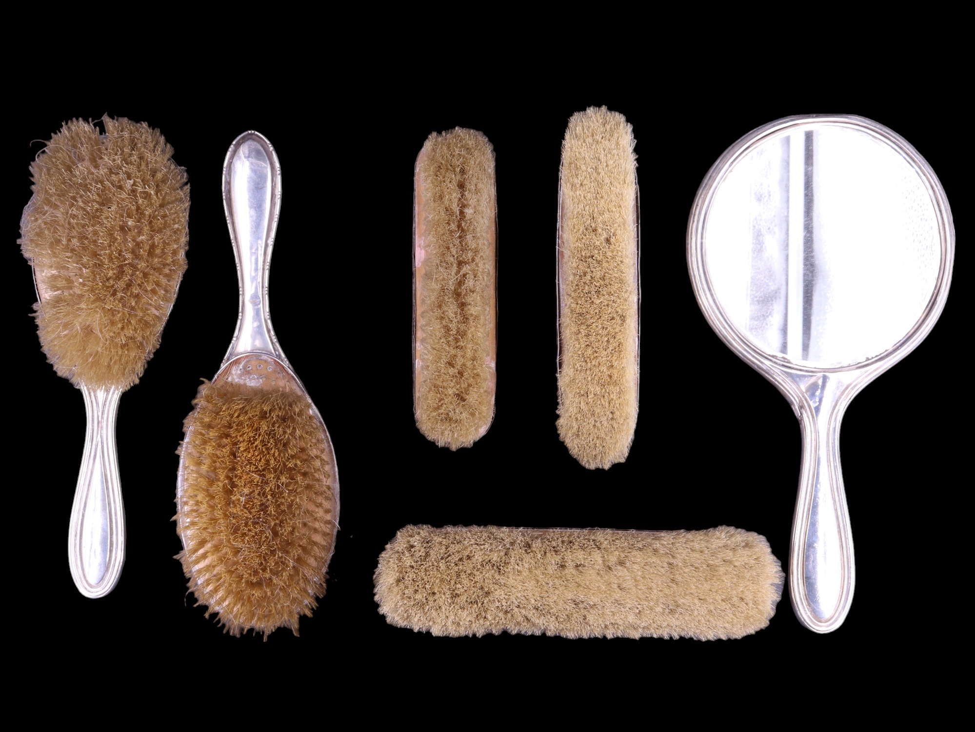 A George V silver three-piece dressing table hand mirror and brush set together with three further - Image 2 of 6