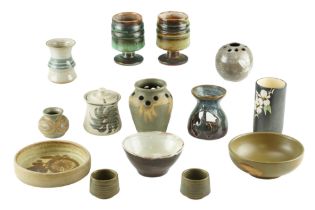 A quantity of late 20th Century Cornish and Welsh studio pottery including dishes, vases, cups, etc,