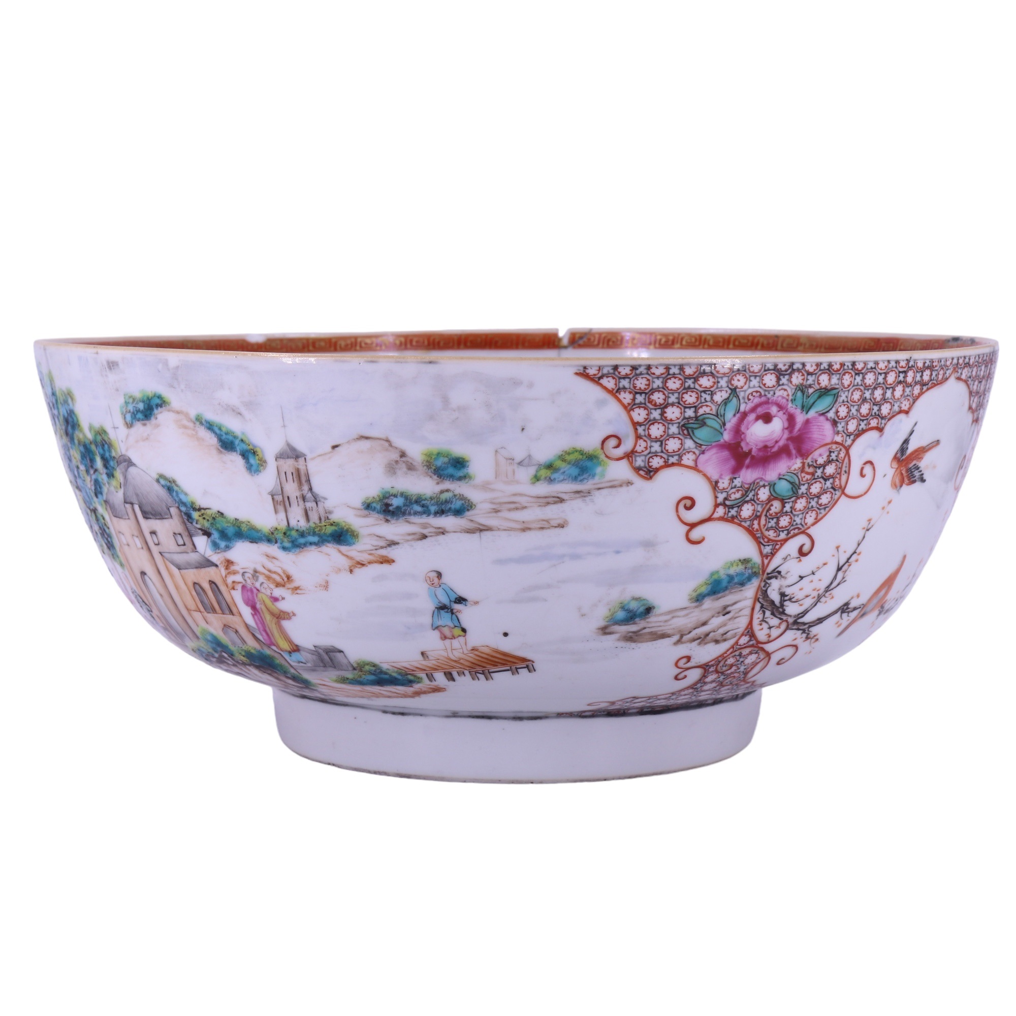 An 18th Century Chinese export Famille rose porcelain punch bowl, decorated in depiction of European - Image 4 of 8