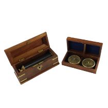 A reproduction three-draw leather-bound brass telescope in a brass mounted and inlaid wooden box,