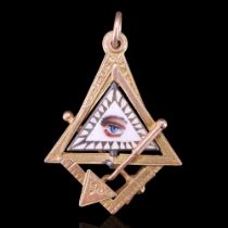 An antique Masonic enamelled 15 ct gold watch chain fob medallion, 34 mm, 2.8 g