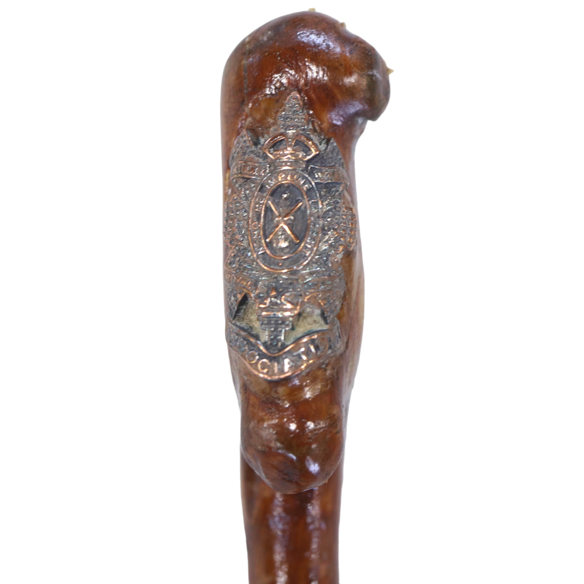 A rustic walking stick with pre-1953 Black Watch Association Badge affixed, 88 cm - Image 2 of 2