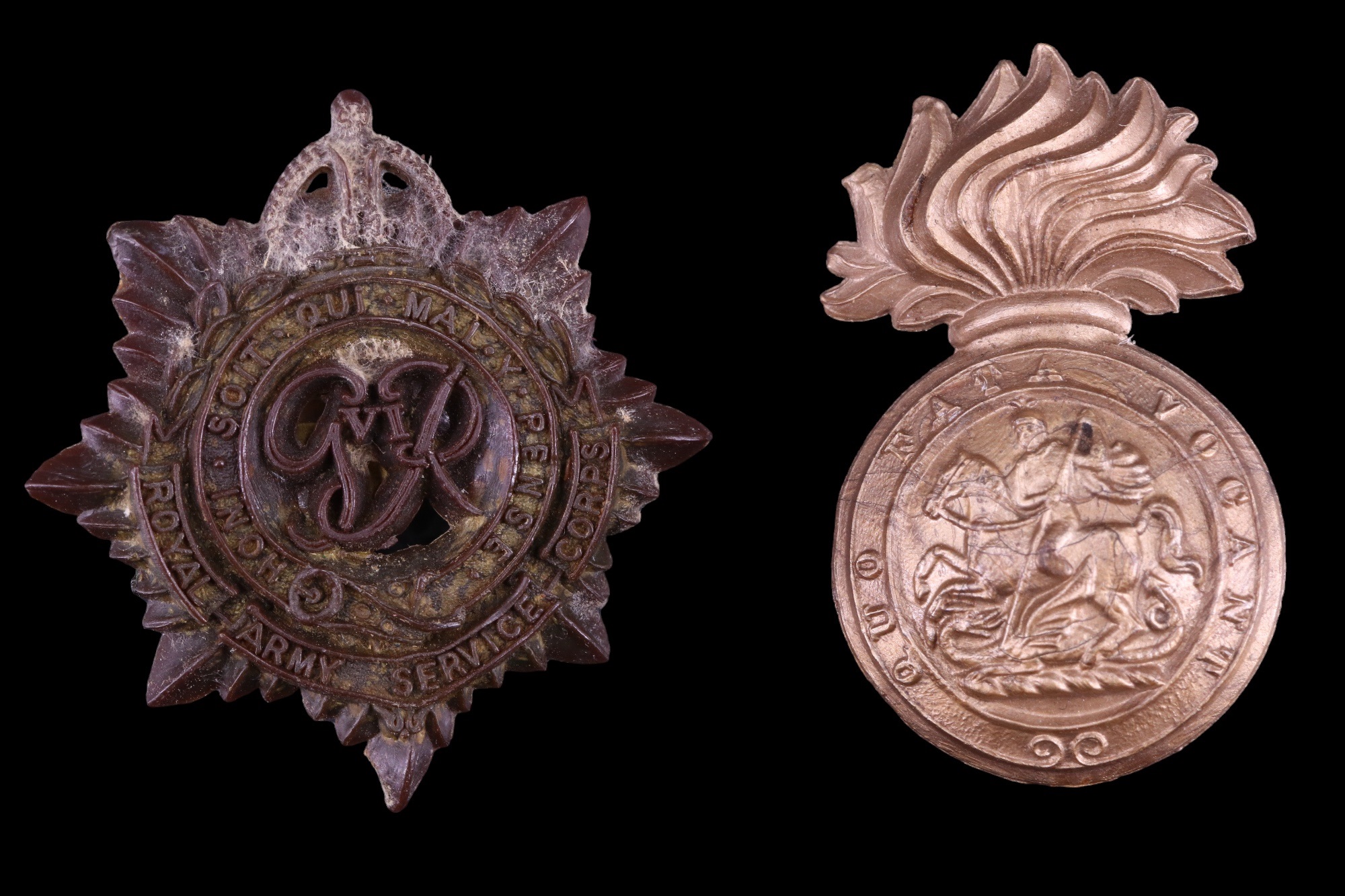 Second World War Northumberland Fusiliers and RASC plastic cap badges