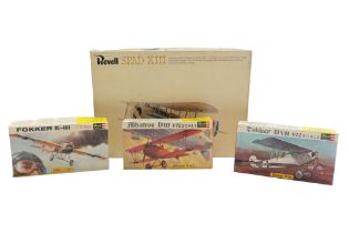 A 1960s Revell Spad XIII model aeroplane kit together with Albatros D III, Fokker E-III, and
