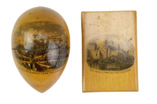 A Mauchline ware oviform "Stirling Castle from the Cemetery" box, together with an Isle of Man case,