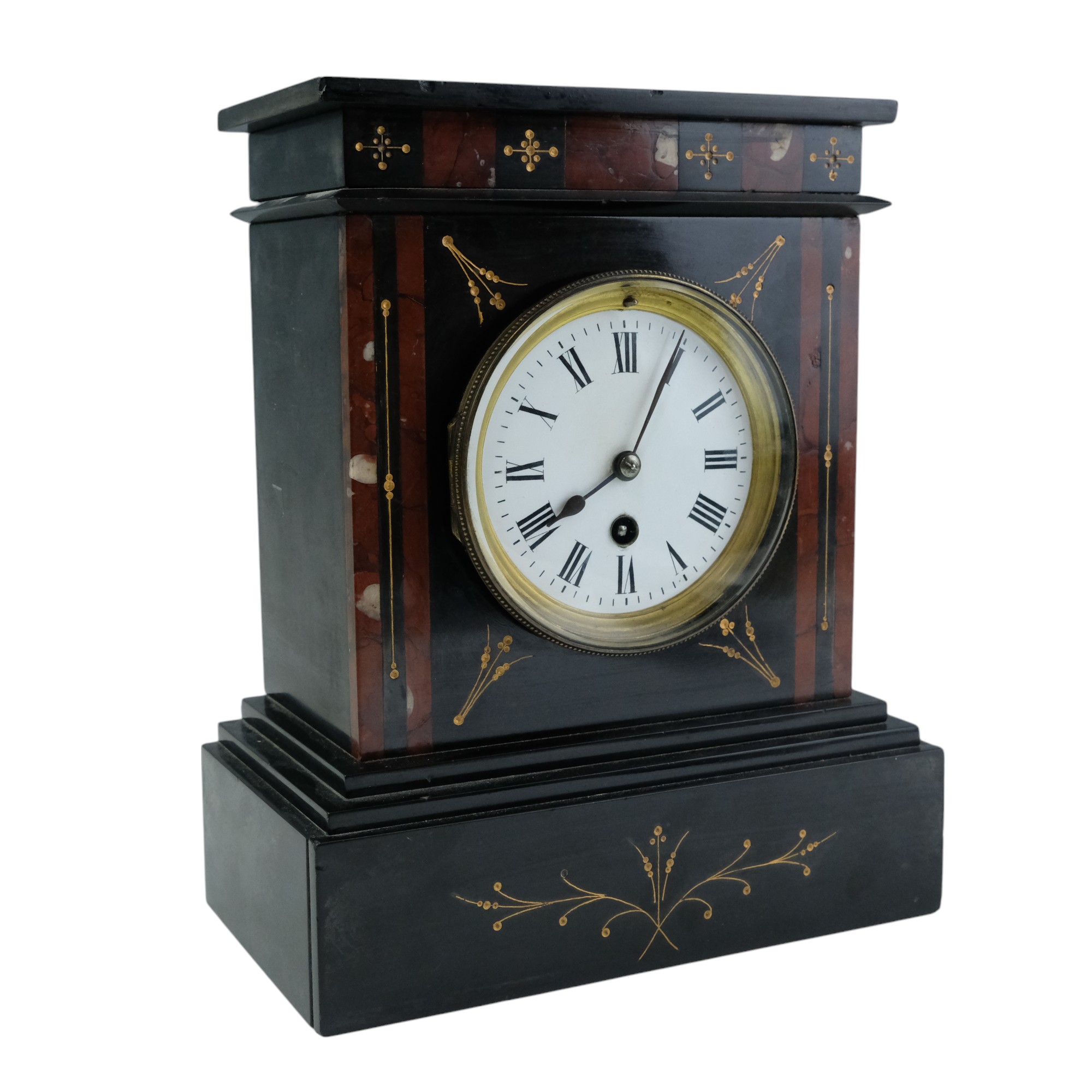 A Victorian parcel-gilt polished slate and red marble mantle clock having a single train movement,