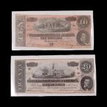 Two 1864 The Confederate States of America banknotes, comprising ten and twenty dollar notes