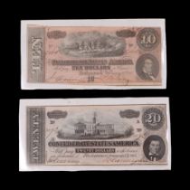 Two 1864 The Confederate States of America banknotes, comprising ten and twenty dollar notes