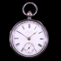 A Victorian silver pocket watch by W Hills of Walthamstow, having a key-wound lever movement, (