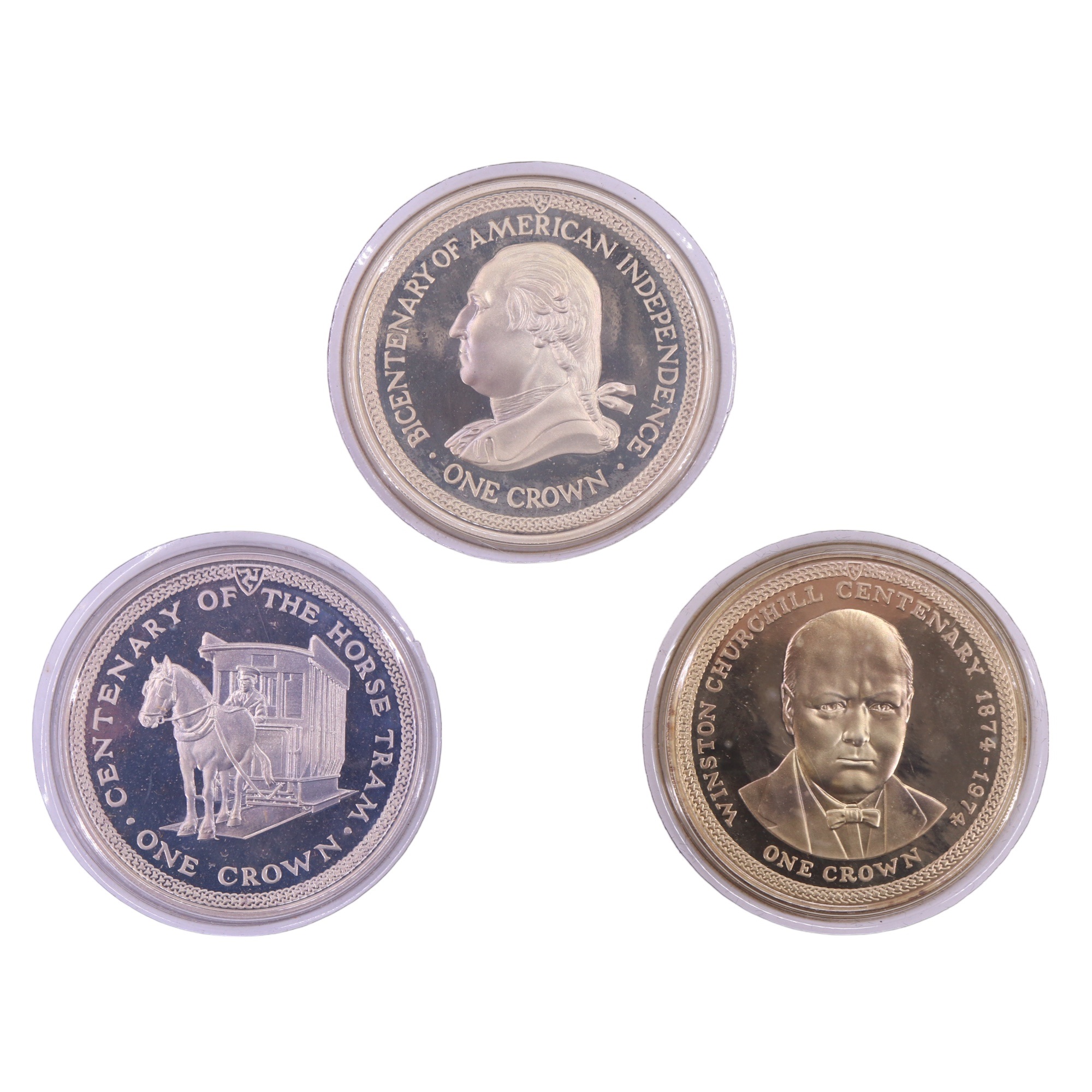 Three cased Pobjoy Mint silver proof crown coins comprising a horse tram centenary, American - Image 2 of 3