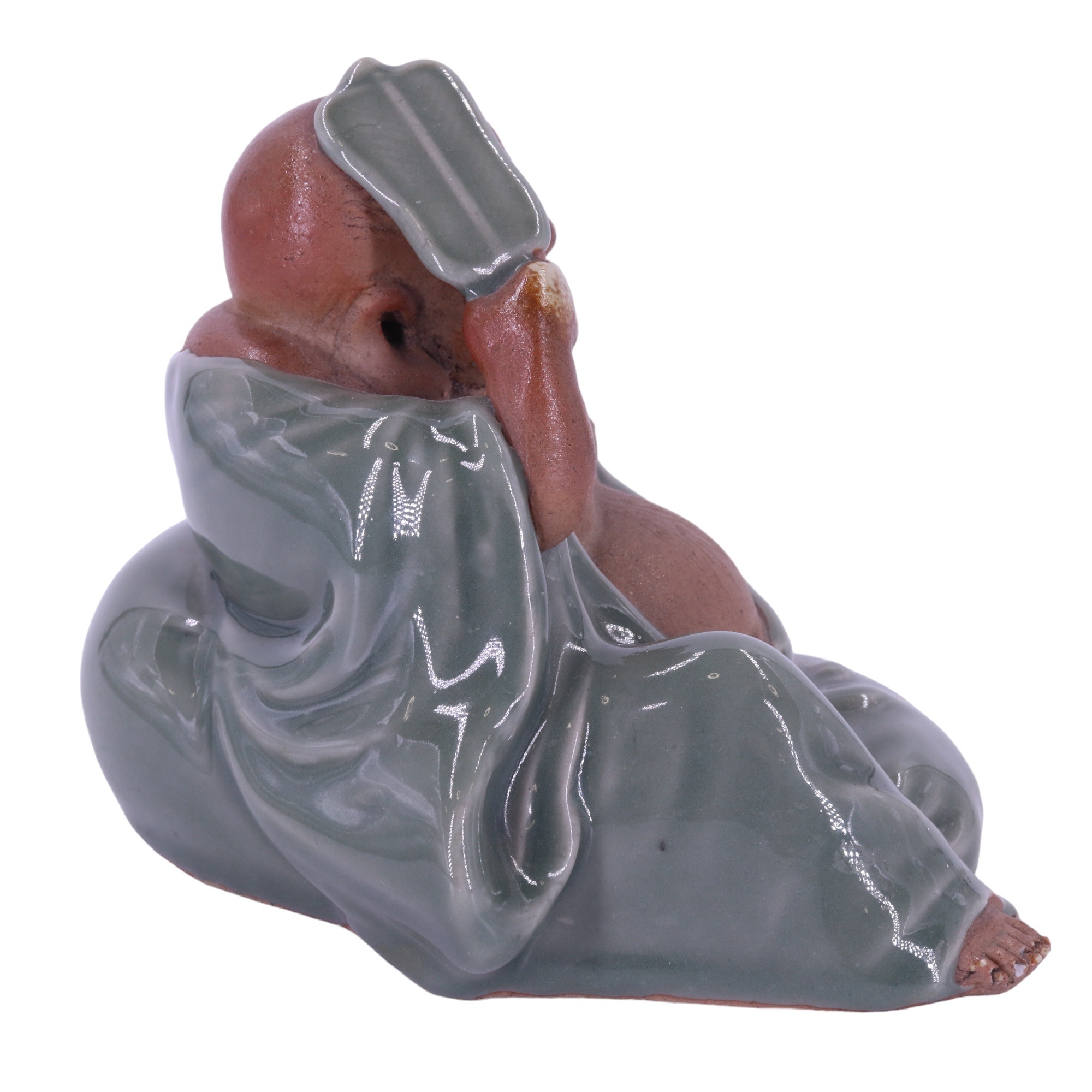 A Chinese Shiwan celadon and semi-bisque glazed ironstone figurine of Budai [ The Laughing - Image 2 of 5