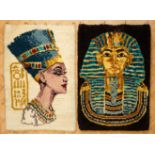 Two vintage hand-hooked Egyptian style rugs / textile wall hangings, respectively in depiction of