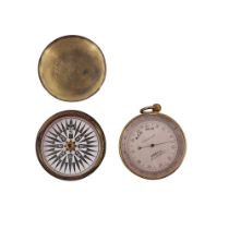 A Victorian pocket aneroid barometer and thermometer by Dobell of Hastings, 47 mm (excluding stem