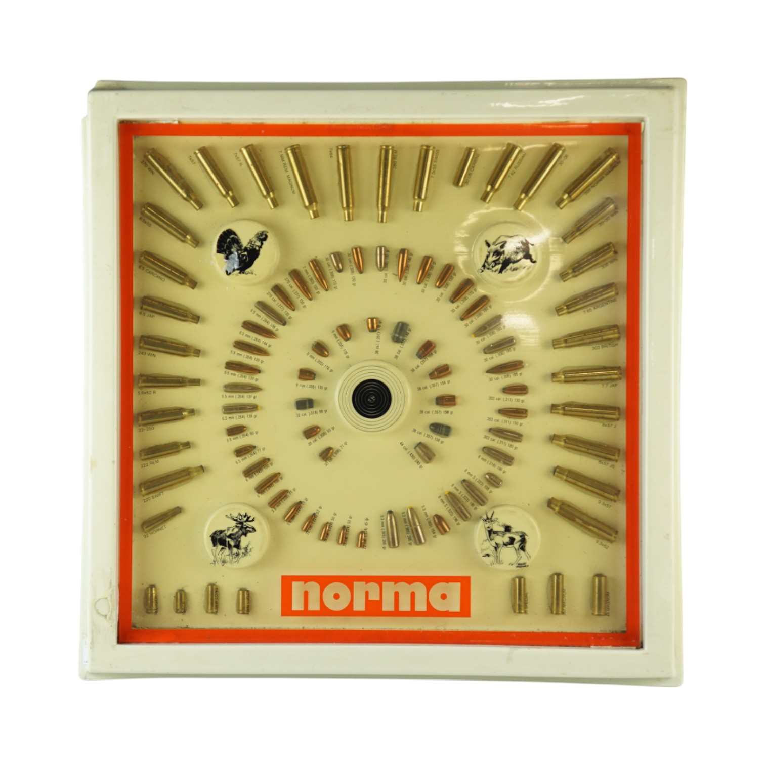 A vintage Norma of Sweden promotional bullet / cartridge display board, circa 1960s, 50 cm x 50 cm