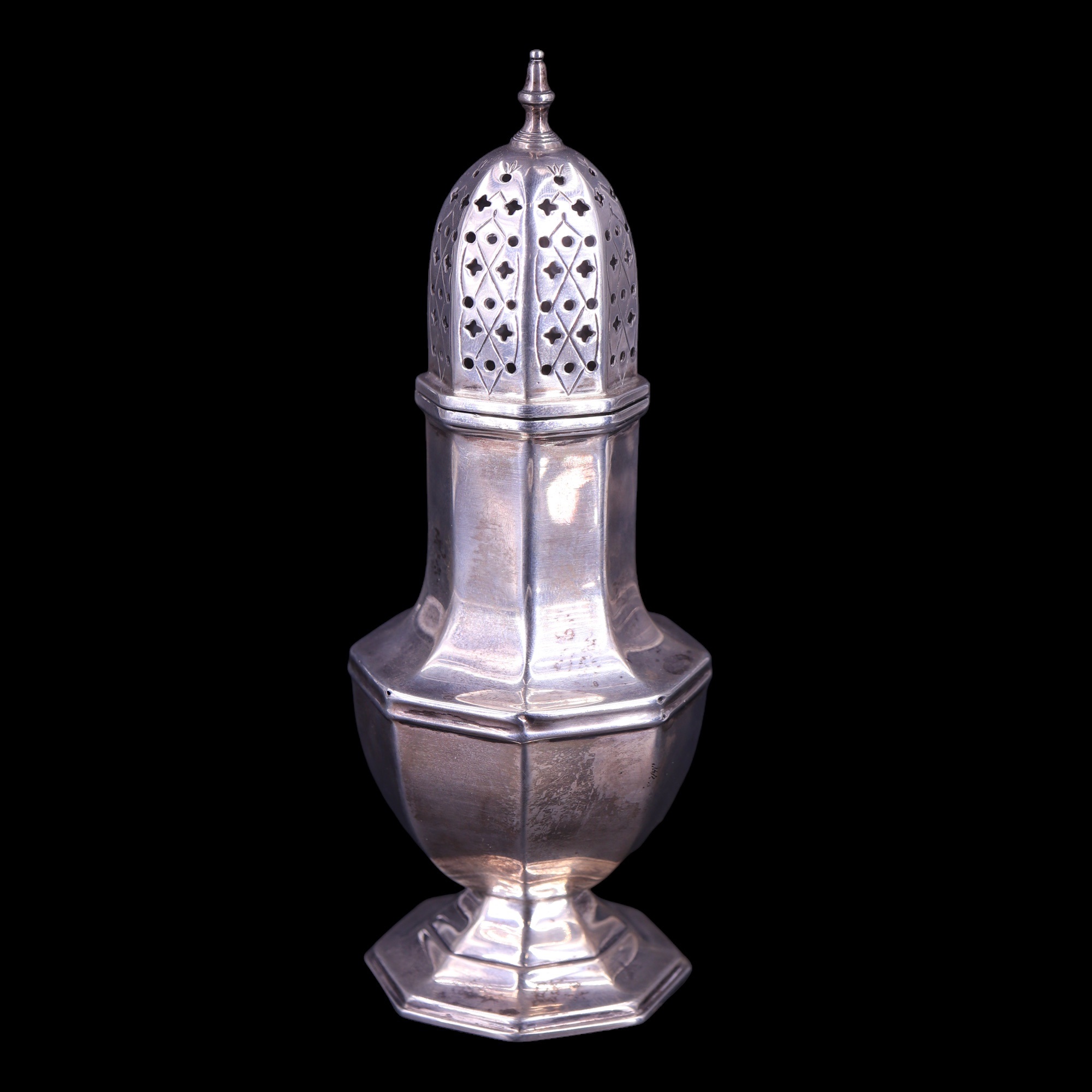 A 1940s silver sugar caster, of octagonal-section shouldered baluster "lighthouse" form, Viner's Ltd