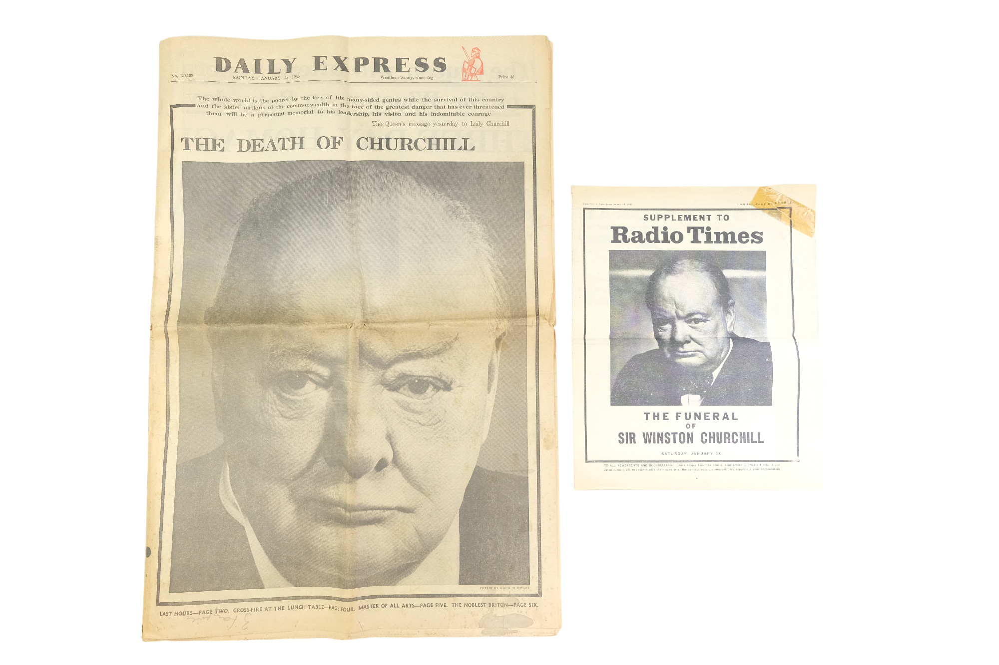 A Daily Express newspaper detailing "The Death of Churchill", dated Monday January 25, 1965,
