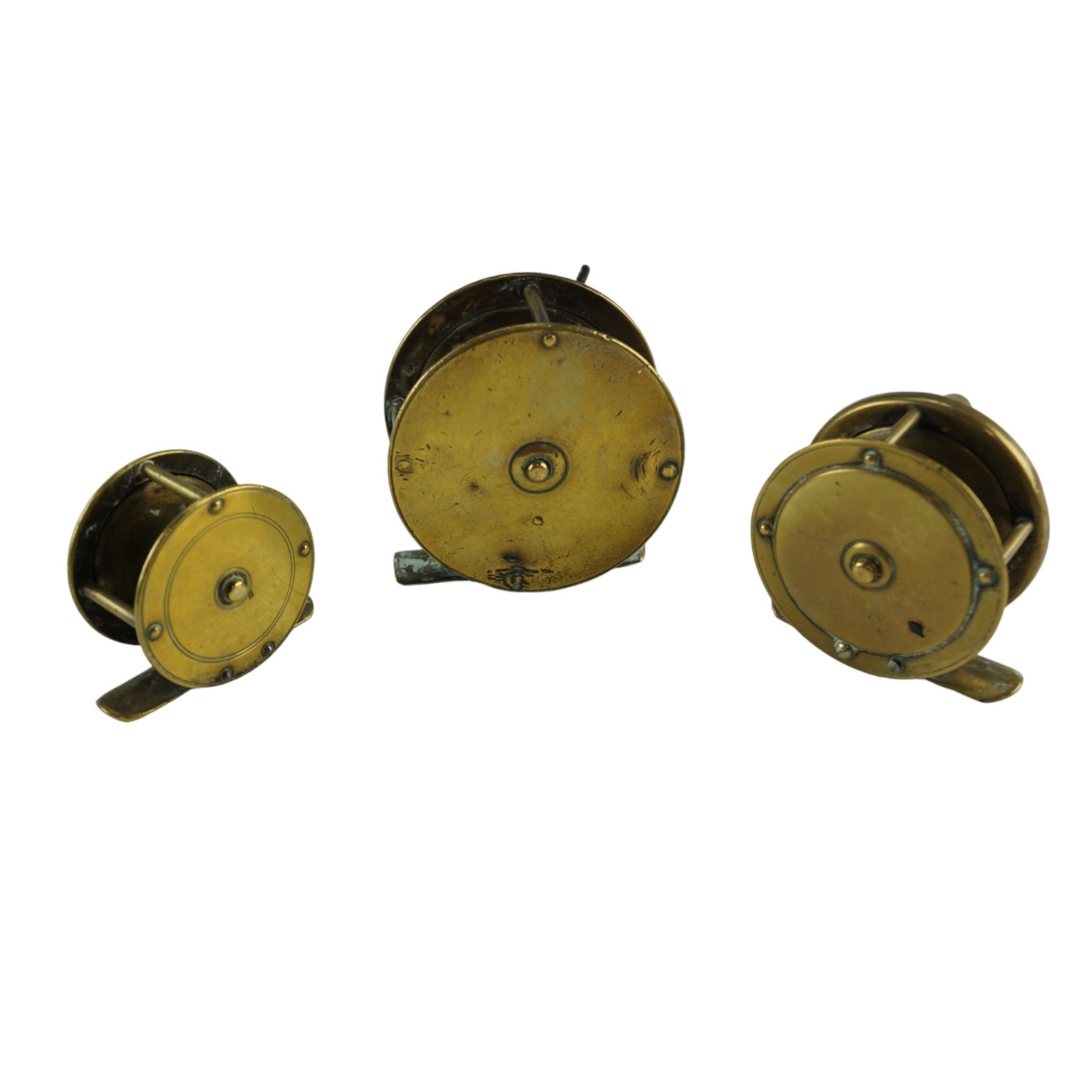 Three vintage brass centre-pin fishing reels, largest 3" - Image 2 of 3