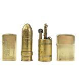 Four brass petrol cigarette lighters comprising a "trench art" and one other wheel lighter and two