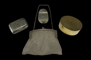 A lady's electroplate mesh evening bag together with a concave oval snuff box, electroplate and