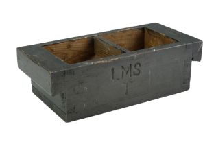 A wooden box branded LMS, 29 cm x 13 cm x 9 cm