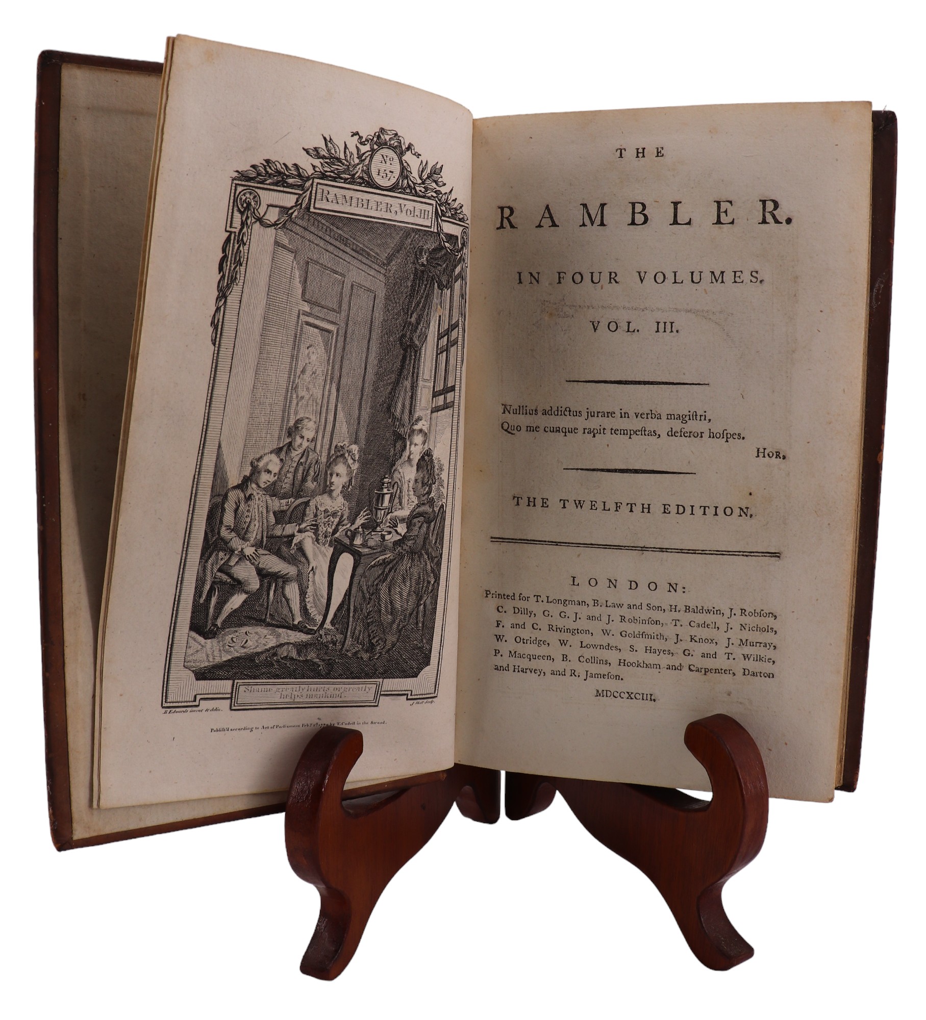 Samuel Johnson, "The Rambler. In Four Volumes", Longman et al, London, 1793, calf with gilt tooled - Image 4 of 6