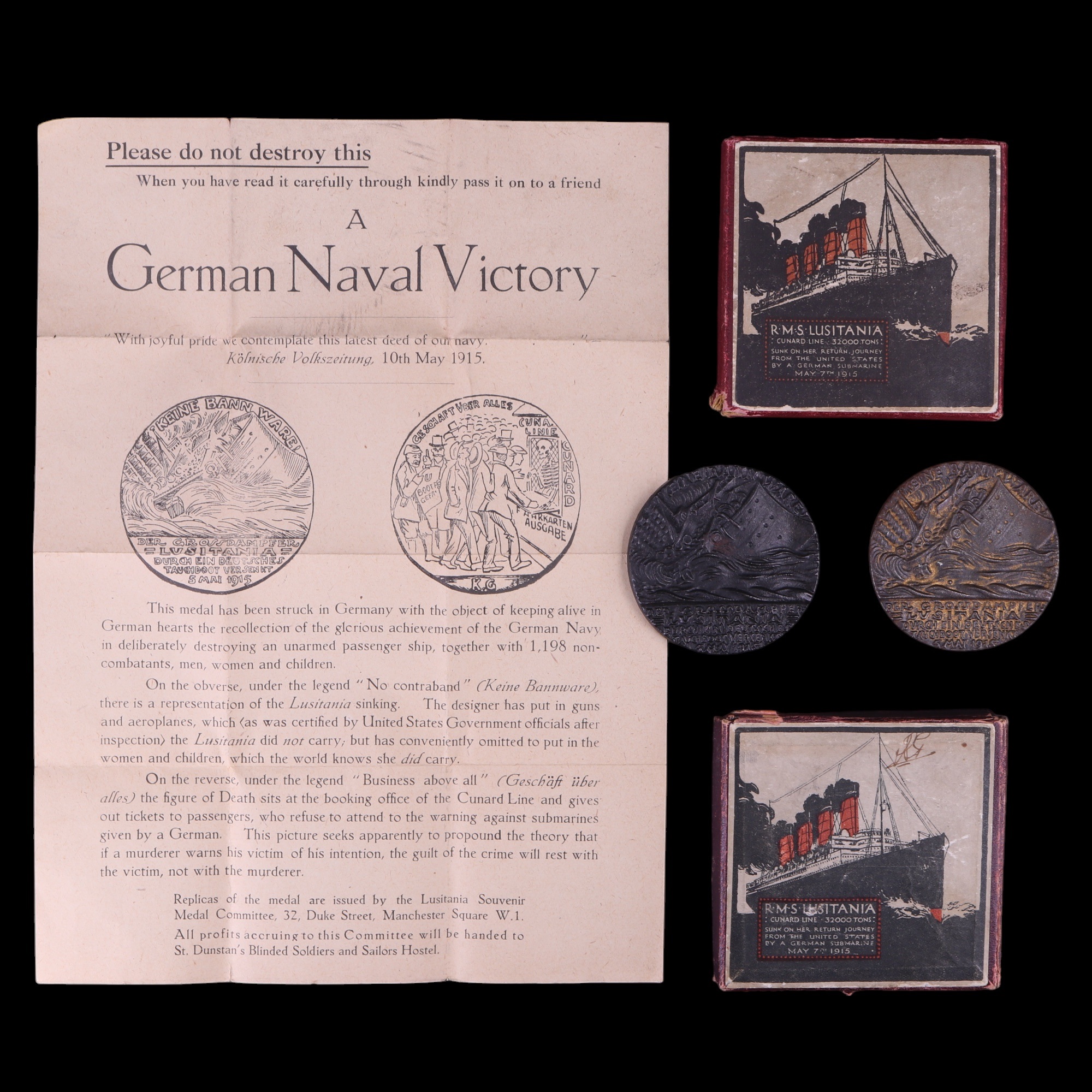 Two Lusitania medals in cartons, together with a related leaflet