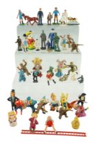 A group of diecast and plastic toy figurines including Noddy, Spider-Man, Disney, Muppets, etc
