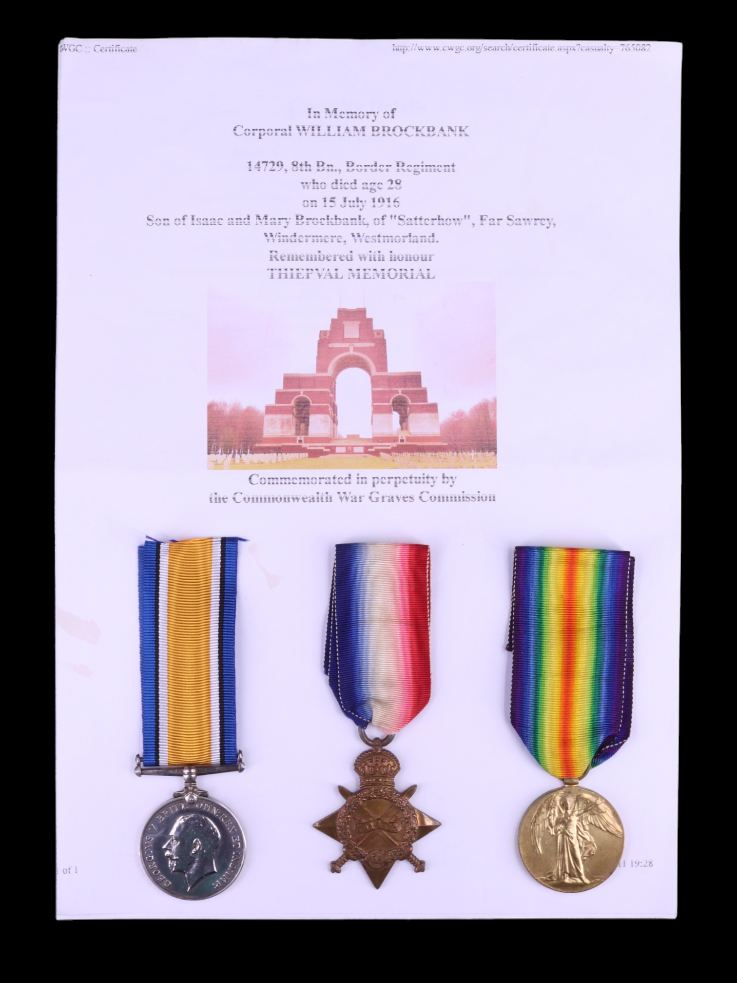 A 1914-15 Star, British War and Victory medals to 14729 Acting Corporal William Brockbanks, Border