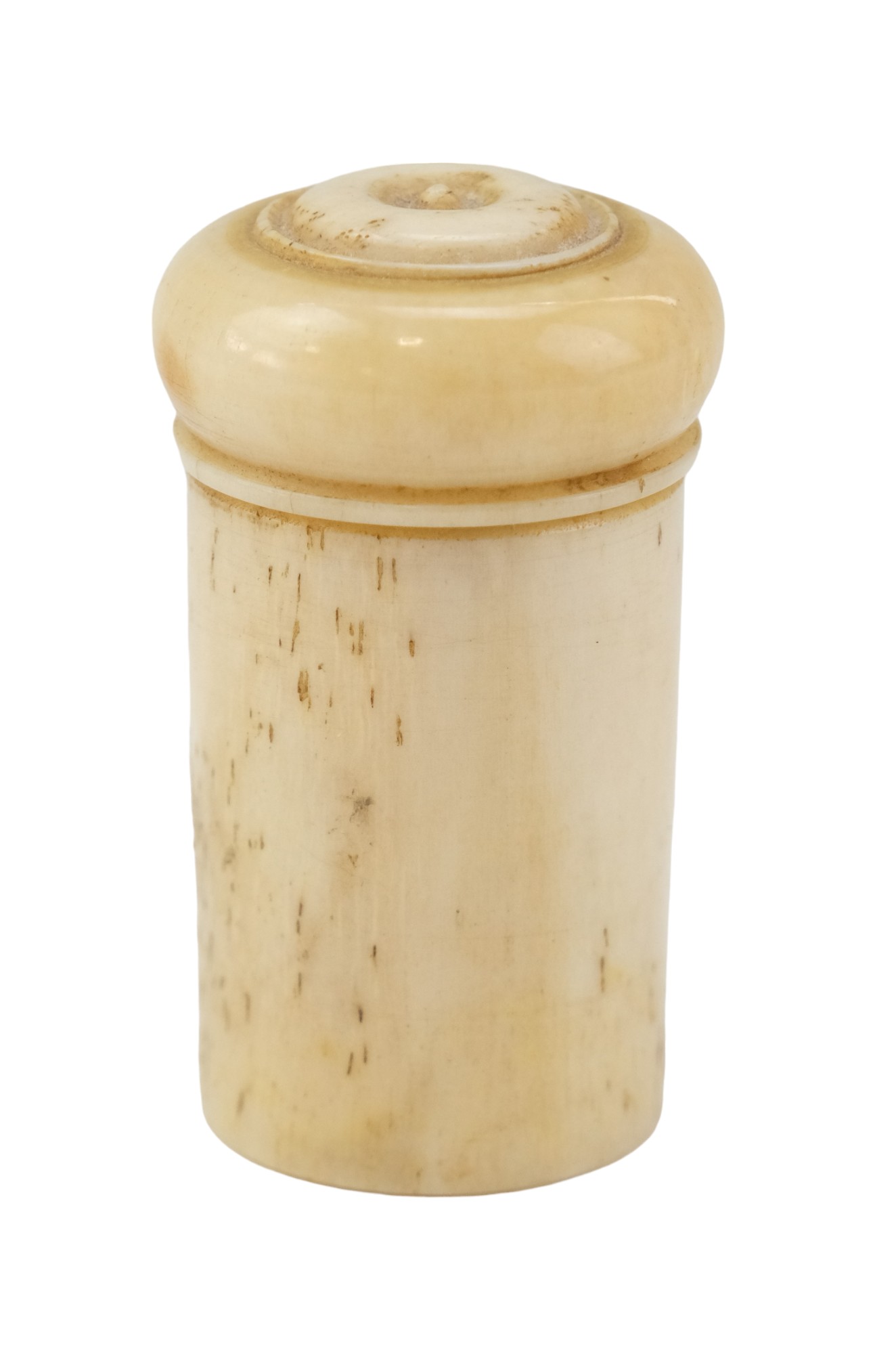 An early 19th Century turned bone screw-capped container, likely from a gun case, height 5 cm