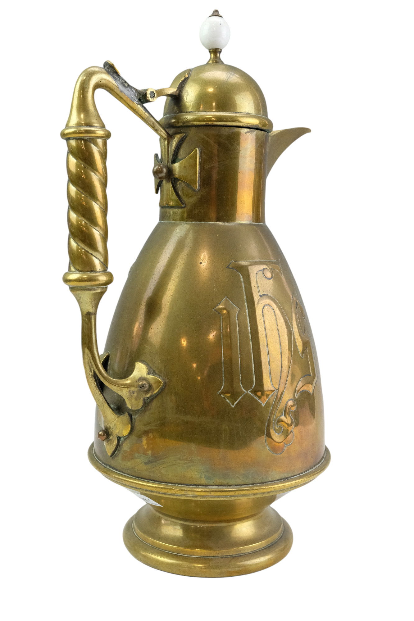 A large Gothic Revival Christian baptismal ewer, in brass with a white earthenware finial, late 19th - Image 2 of 3