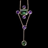 A 19th Century amethyst, green stone (believed to be demantoid garnet) and 15 ct gold pendant