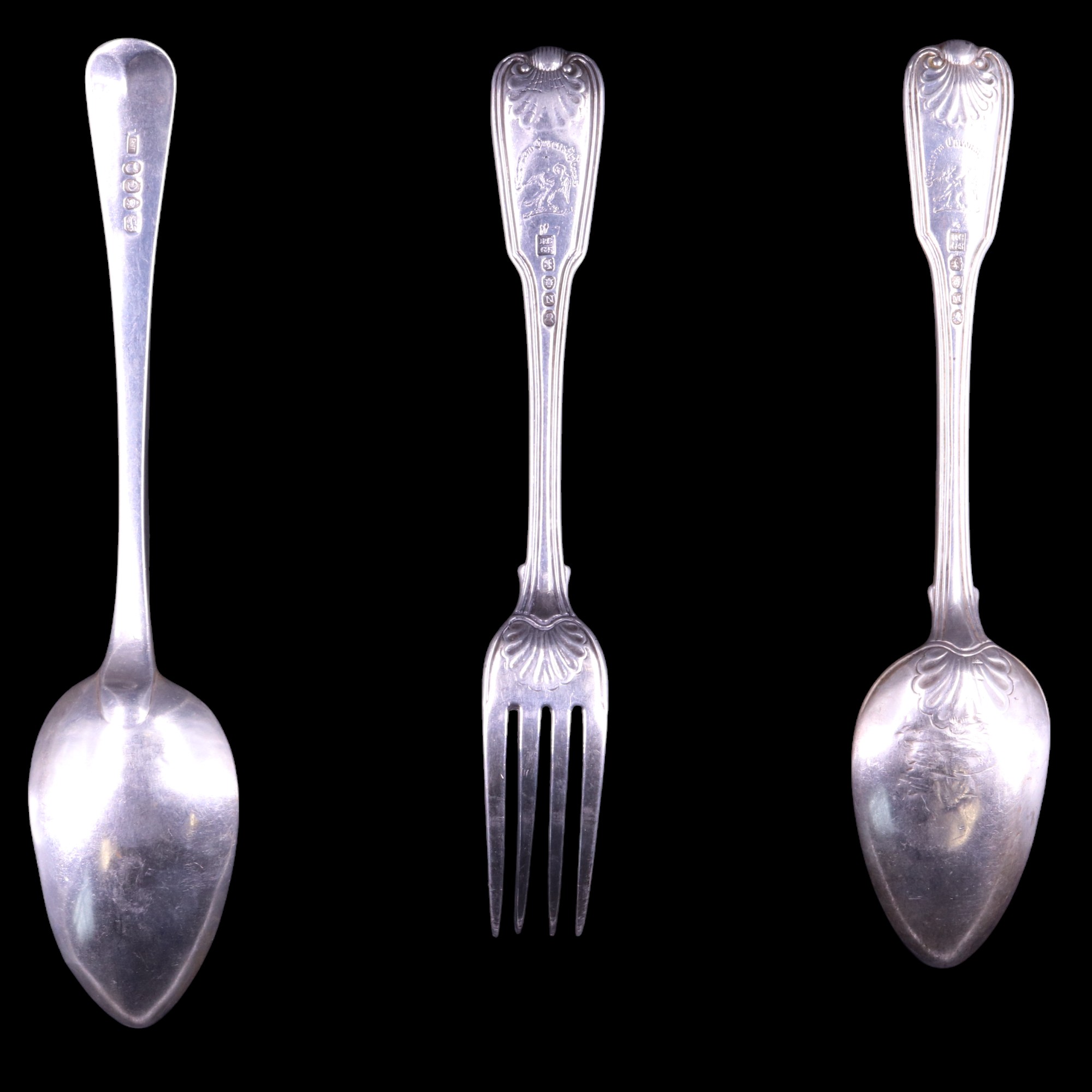 A George III silver shell thread pattern table fork and spoon by Richard Crossley & George Smith IV, - Image 2 of 3