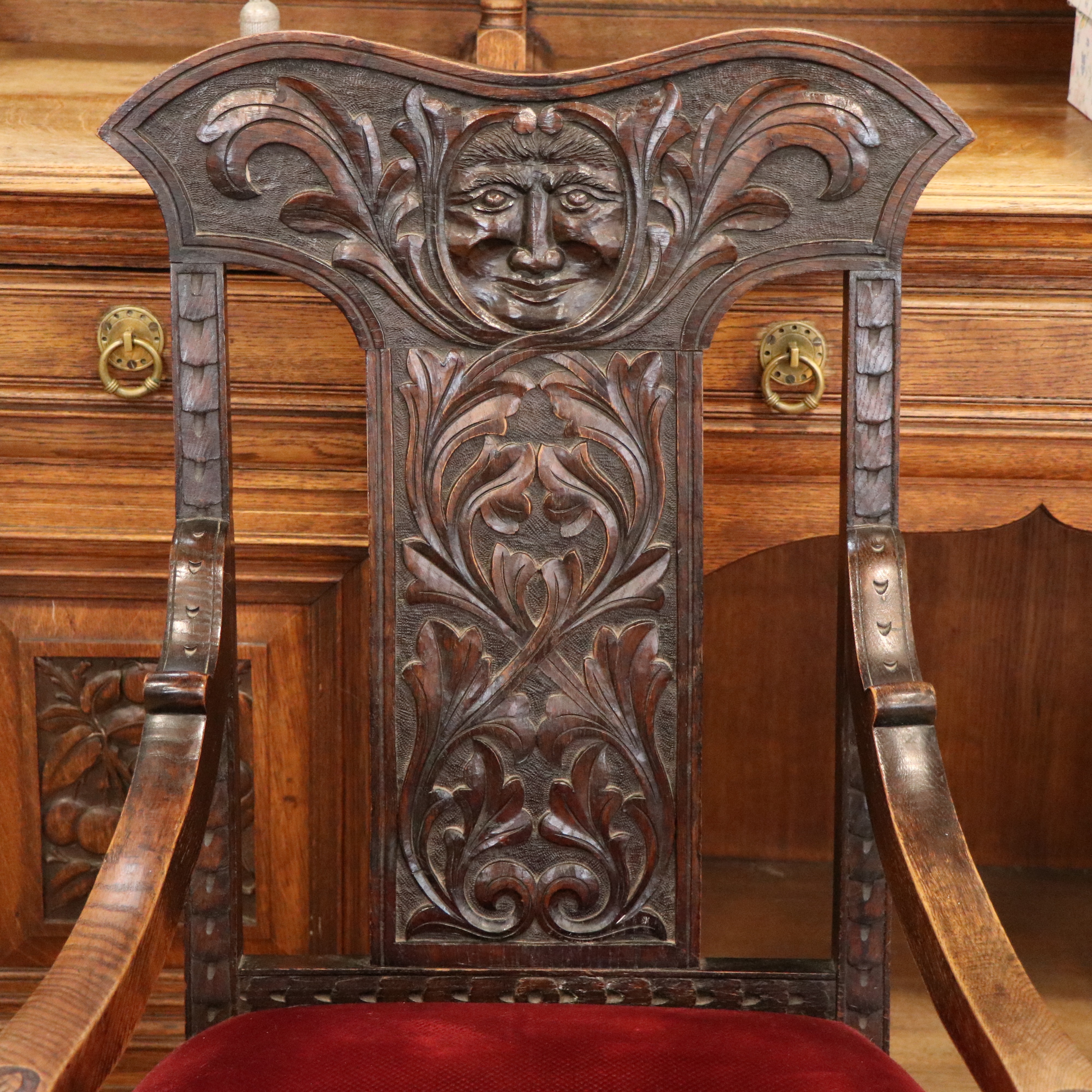 A Victorian Flemish style carved oak armchair, 110 cm high - Image 4 of 5