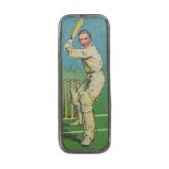 A small printed tinplate confectionery or similar box, its slip-lid depicting a cricketer at the