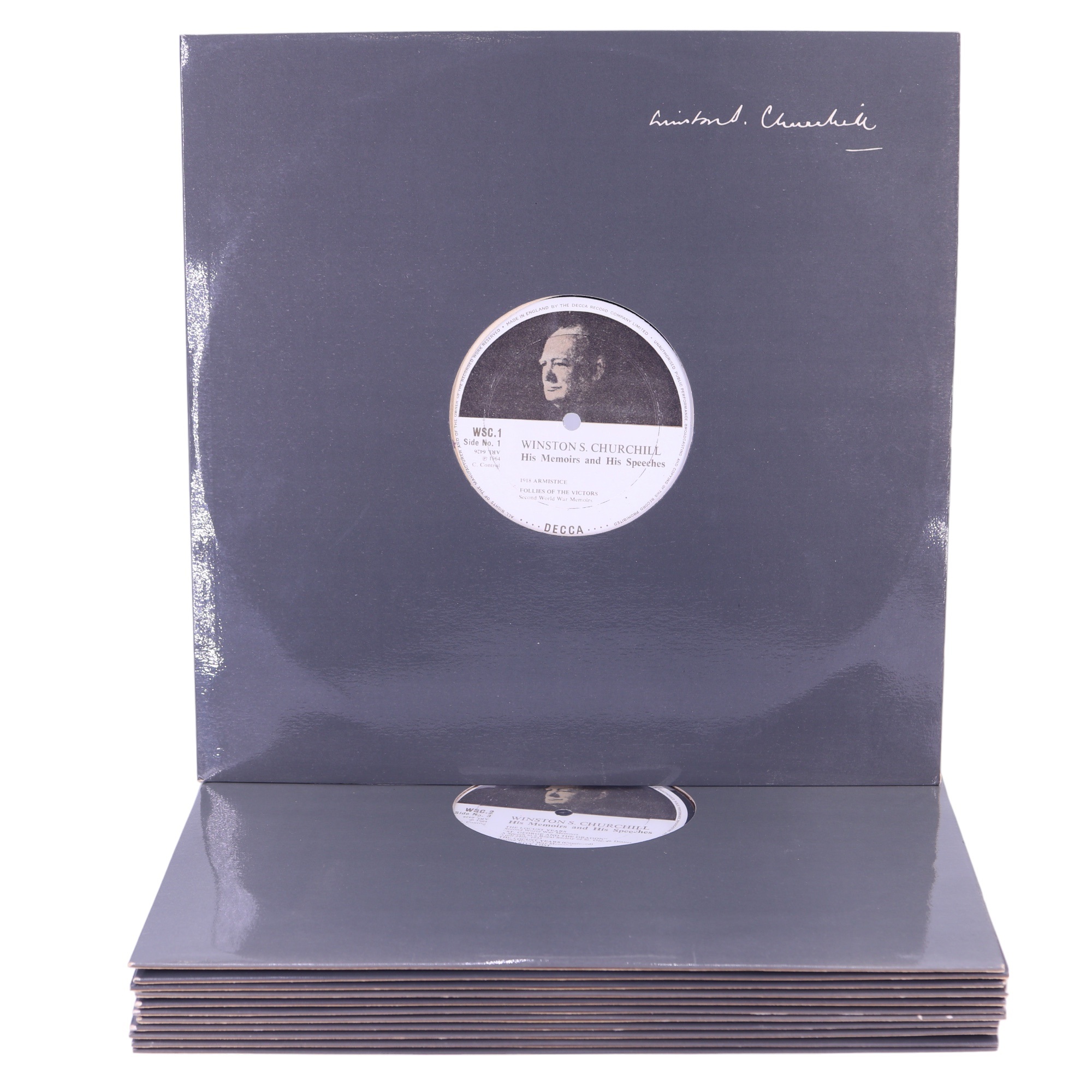 A 12-disc set of "Winston S Churchill, His Memoirs and His Speeches" 33 rpm vinyl records, Decca,