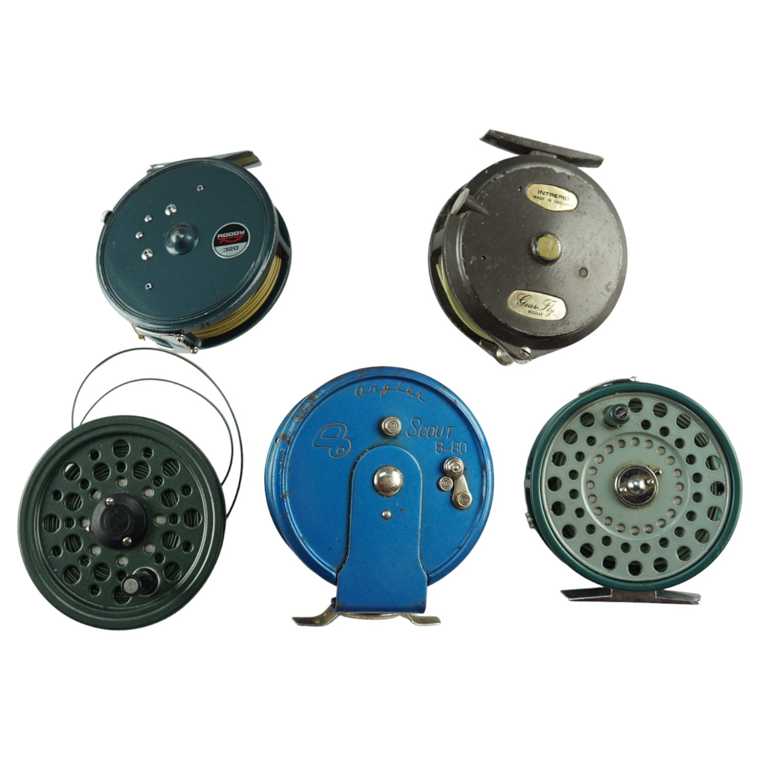 Two Roddy 320 centre-pin fly fishing reels together with an Intrepid Gear Fly, an Angler Scout 8 -