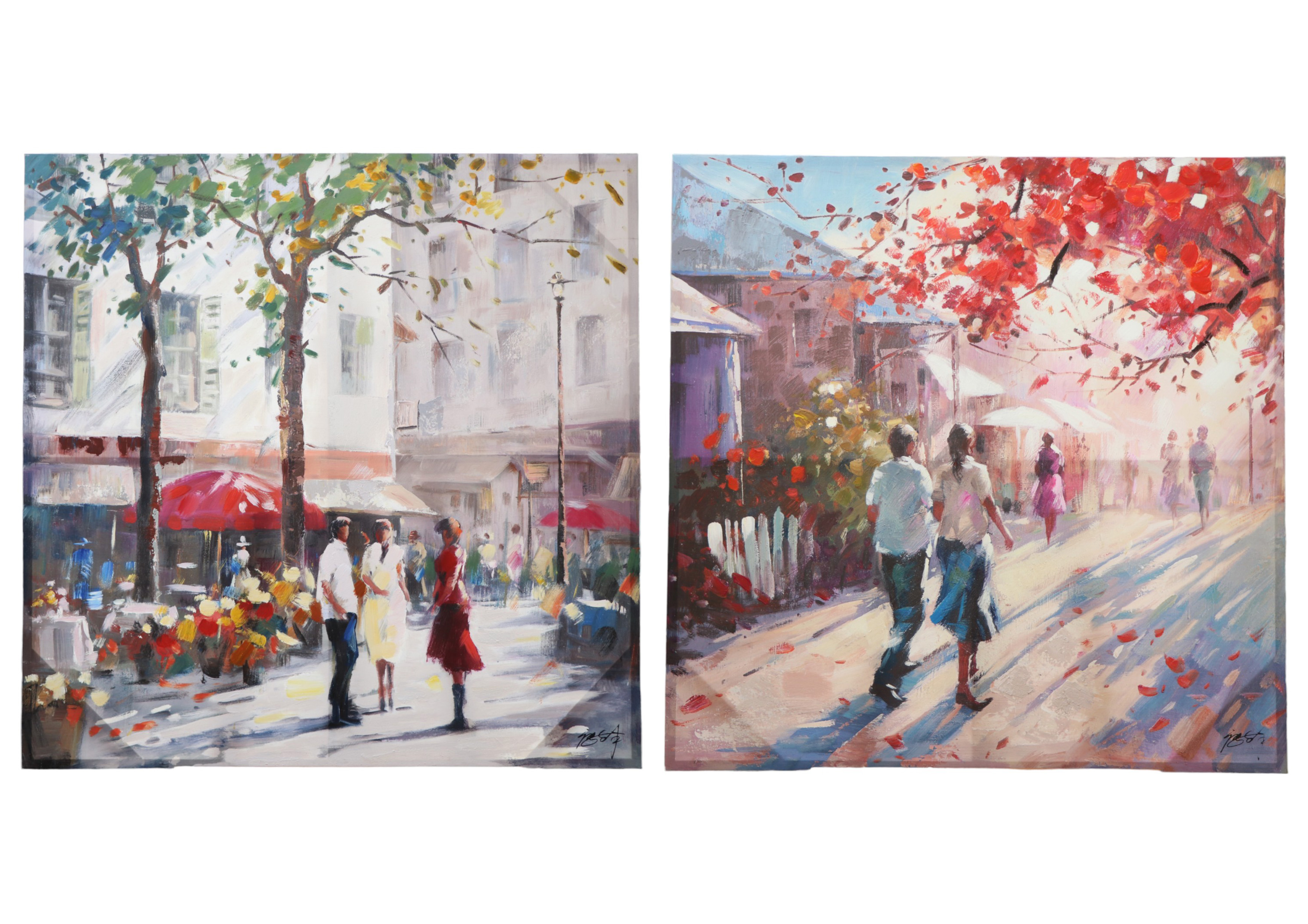 A pair of impressionistic, bustling streetscapes depicting figures walking beneath blossoming